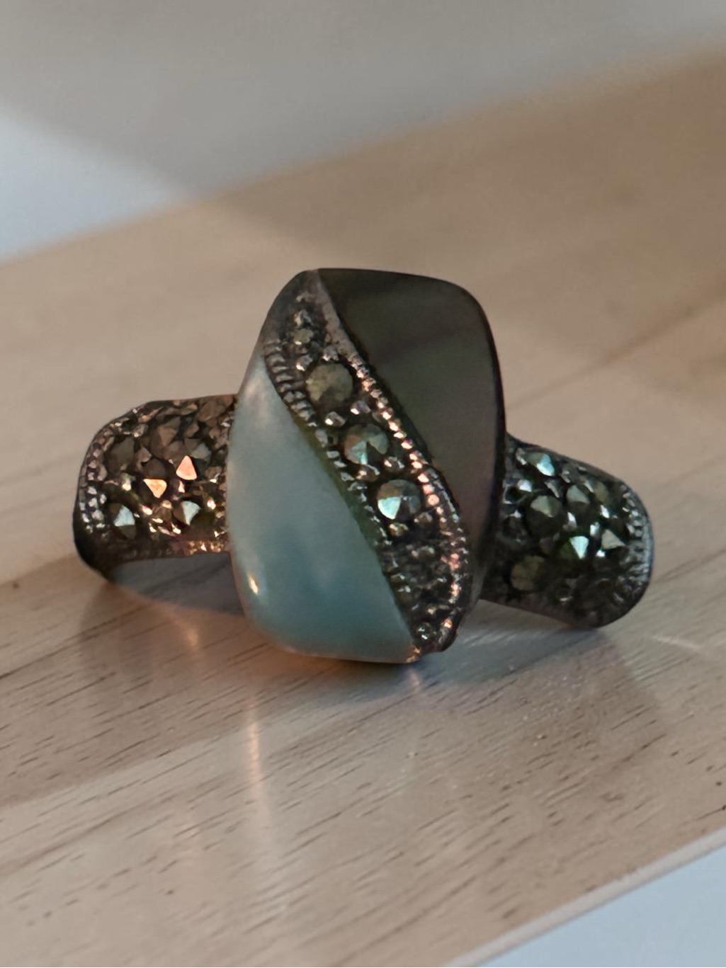 Beautiful Vintage Marcasite Jade Abalone Mother Of Pearl Ring